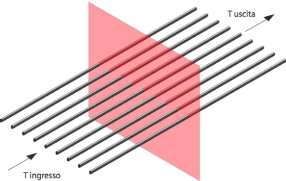 Figura 25: Tratto lungo 5 m di dissipatore con sezione trasversale (rosso) in cui  viene calcolata la variazione termica