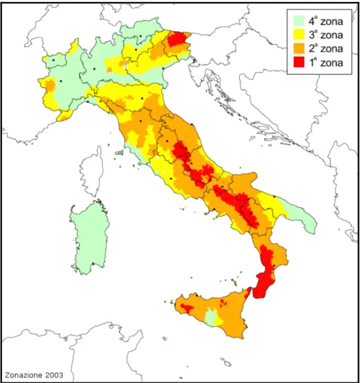 Figura 2.1.1 - zone sismiche del territorio italiano secondo l'O. 3274/03  Zona Valore  di a g  1 0.35g  2 0.25g  3 0.15g  4 0.05g 