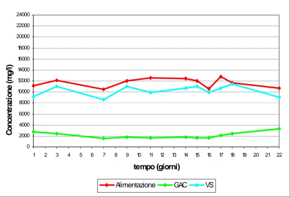 Figura 4.1.2.1: Andamento della concentrazione di COD in funzione del tempo per il  reattore GAC, il reattore VS e per l’alimentazione