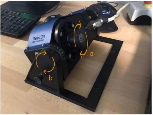 Figure 2.2.1-3 - Real 3D rotation unit for tools inspection.  a) motorized rotation axis; b) manual tilt axis 