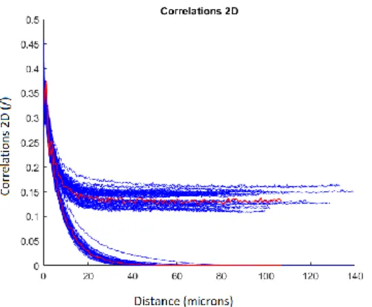 Figure 5.20. Correlations 2D reference (red) vs. recon- recon-structed (blue), distance in µm (horizontal) vs