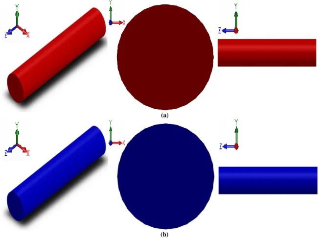 Figure 2.5: (a) stiff material coloured in red, seen from different views, (b) soft material coloured in blue, seen from different views 