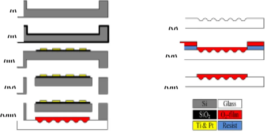 Figure  ‎ 1-15) schematic of Fabrication of the microfluidic chip (Frank Bunge, µRESPIROMETER TO DETERMINE  THE OXYGEN CONSUMPTION RATE OF MAMMALIAN CELLS IN MICROFLUIDIC CULTURE, 2017) 