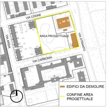 Figura 3.2.1.1: Area progettuale_Edifici da demolire  e ricollocare 