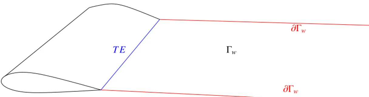 Figure 1.6: Definition of ∂ Γ w (red lines) and of the trailing edge (blue line) for 3D problems.