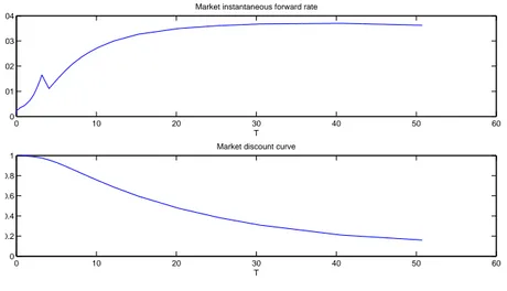 Figure 4.1: Instantaneous forward rate curve and discount evolution.