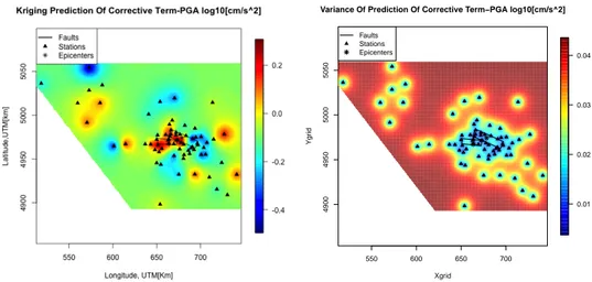 Figure 3.15: Ordinary kriging prediction and variance for PGA.