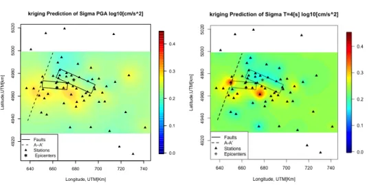 Figure 3.22: Ordinary kriging prediction of PGA and SA(T = 4s), zoom on the faults. The colour scale has been modified to highlight local differences.