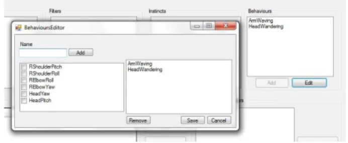 Figure 4.3: The BehaviorsEditor window existing ones, by checking the related robot’s actuators.