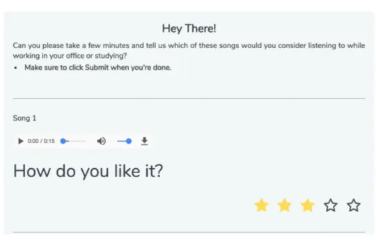 Figure 3.11: A screenshot of the web interface developed for acquiring general ratings on Moodo songs