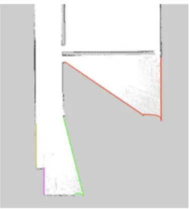 Figure 2.1: This is an example of frontiers in a partially observed map. The lines in different colors are all frontiers.