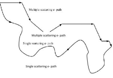 Figure 15: A sketch of the hypothetical paths of an electron using single scattering and a condensed history  approach  [84] 
