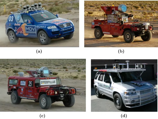 Figure 1.3: The four best participants of the DARPA Grand Challenge 2005 edition: Stanley(a), Sandstorm(b), H1ghlander(c) and Kat-5 (d).