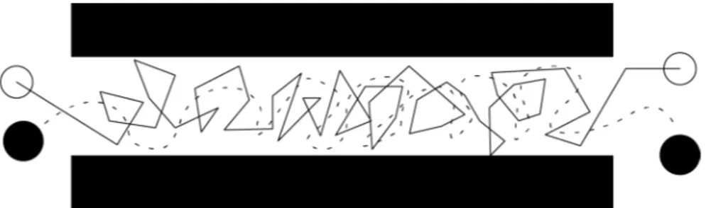 Figure 2.1.4: Sketch of bulk diffusion mechanism. The black bars represent the pore walls while