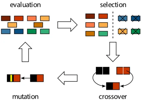 Figure 2.2: Flow chart of an iteration of a GA -based procedure. In one iter- iter-ation of the genetic algorithm’s evolution, it operates in three stages: Selection, where it chooses a relatively fit subset of  in-dividuals for breeding; Crossover, where 