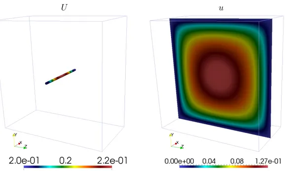 Figure 4.1: Reduced solutions in Scenario A. In the left, the reduced solution U on Λ, while on the right, the reduced solution u on Ω.