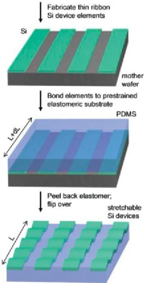 Figure  1.3  -  Schematic  illustration  of  the  process  for  building  stretchable   single-crystal Si devices on elastomeric  substrates  [7] 