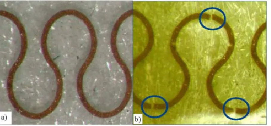 Figure 1.10 - Tensile strain  test  of  horseshoe  metal  interconnects.  A)  Before  elongation