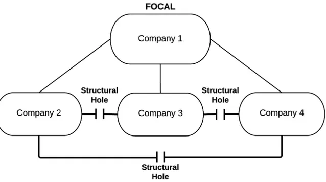 Figure 24 illustrate a simple case of structural hole generation; company 2, company  3  and  company  4  are,  respectively,  connected  only  indirectly  through  company  1,  that in this case is also the network focal