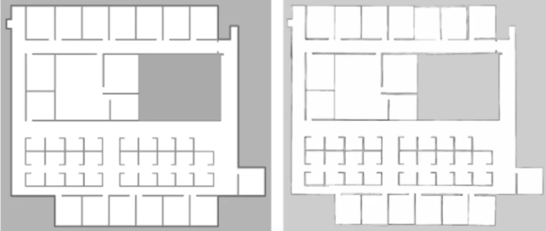 Figure 2.2: The ground truth image used by a simulator and the corresponding grid map built by GMapping