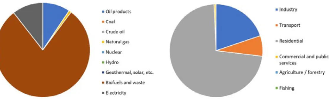 Figure 2.3. TFC per fuel (a) and per sector (b) (IEA 2016: 2014 data). 