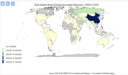 Figure 3-15. Data mapping tool of the EM-DAT, for total deaths from ground movement disasters  of 02-Dic-2020 (Adapted from the EM-DAT database)