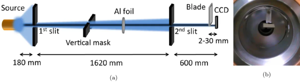 Figure 3.1: Experimental setup, top view taken from [2] (a) and detail of the razor blade (b).