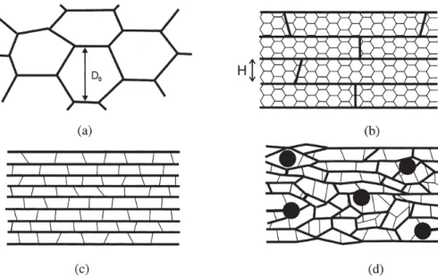 Fig. 2.4. Schematic diagram of the development of microstructure with increasing strain; (a) initial grain  structure, (b) moderate deformation, (c) large deformation, (d) effect of large second-phase particles on  deformation [25]