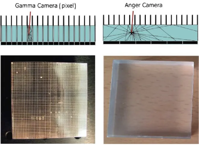 Figura 1.10 A sinistra una gamma camera basata su uno scintillatore pixellato. A destra una Anger camera con uno scintillatore monolitico.