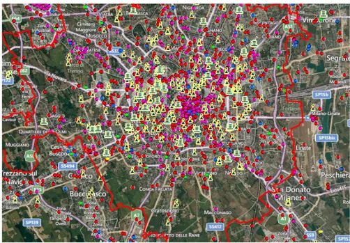 Figura 2.9: Mappa catastale degli impianti e punti sensibili dell’area urbana di Milano (ARPA Lombardia)[17]