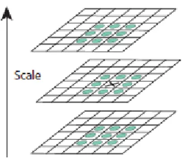 Figure 2: Maxima and minima of the difference-of-Gaussian images are detected by comparing a pixel  (marked with X) to its 26 neighbors in 3x3 regions at the current and adjacent scales (marked with 