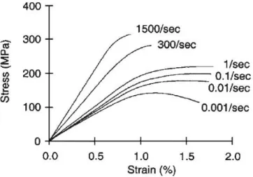 Figure 12 - Typical stress/strain curves for human cortical specimens parametrized for  strain rate [1/s] [21] 