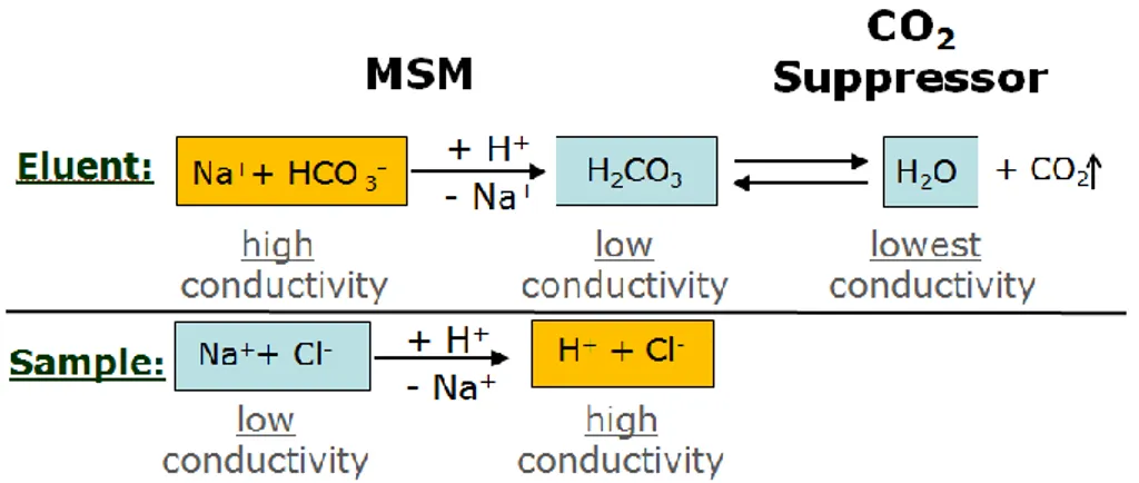 Figura 2.9 Schema di soppressione chimica, in cui l’eluente è NaHCO 3  e l’analita Cl - 