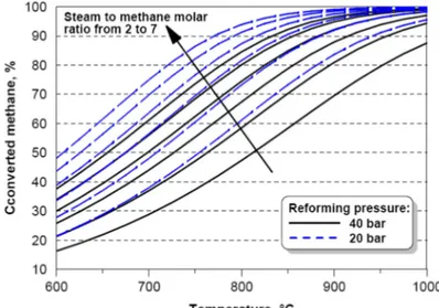 Figura 2.4 Effetto del rapporto S/C sulla conversione di metano in funzione di temperatura e  pressione, [7]