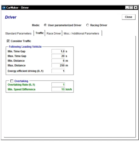 Figura 3.9: Impostazione dei parametri del Driver: comportamento del veicolo nel traffico.