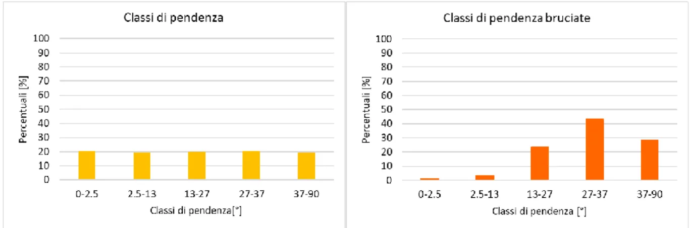 Tabella 5: Percentuali di pixel per ciascuna classe di pendenza sul territorio in esame e sulle aree bruciate 