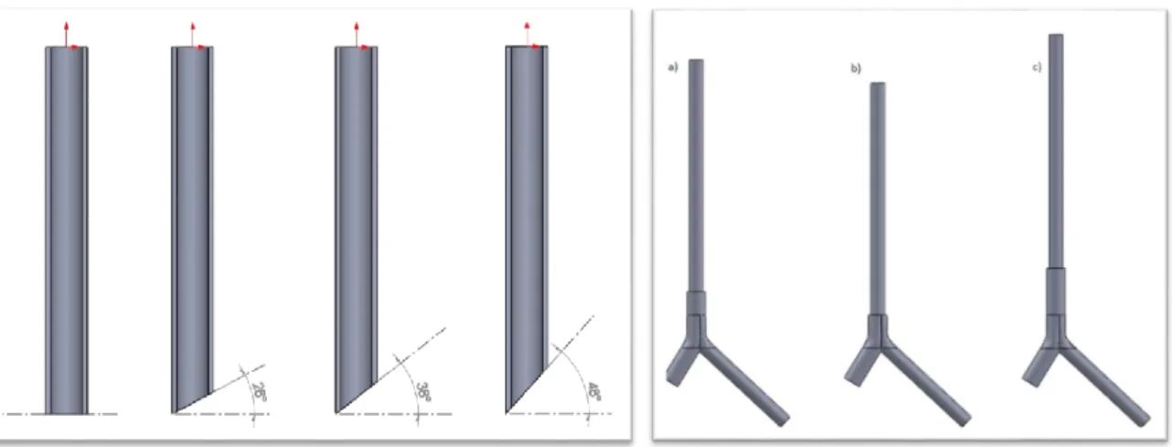 Figure 2: left: ETT with different inclination of the bevel. Right: different position of the ETTs inside the trachea 