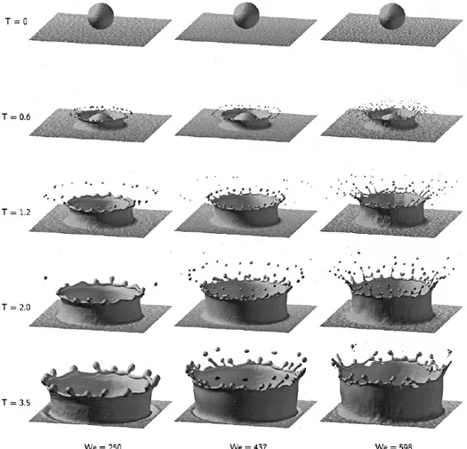 Figura 1.11: Simulazioni numeriche dirette di tre casi di impatto con splashing, rispettivamente per i casi A, B, C, eseguite da Rieber e Frohn [7].