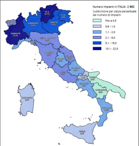 Figura  2.1.  Distribuzione  regionale  del  numero  di  impianti  idroelettrici  a  fine  2011