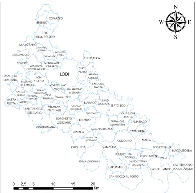 Figura 10: I 61 Comuni della Provincia di Lodi (mappa generata con ArcGIS. Fonte: elaborazione degli autori) 