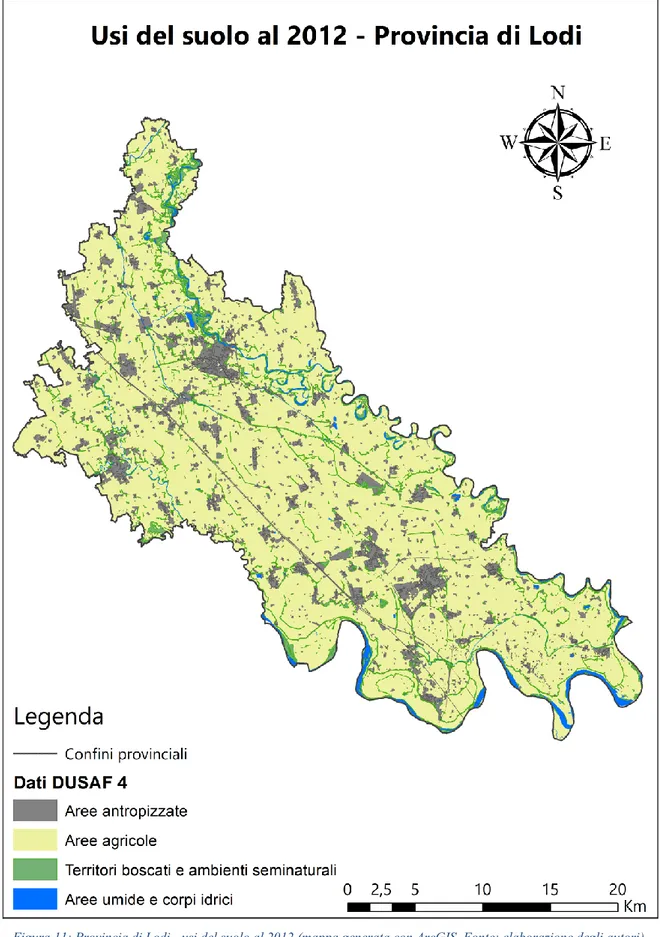 Figura 11: Provincia di Lodi - usi del suolo al 2012 (mappa generata con ArcGIS. Fonte: elaborazione degli autori) 