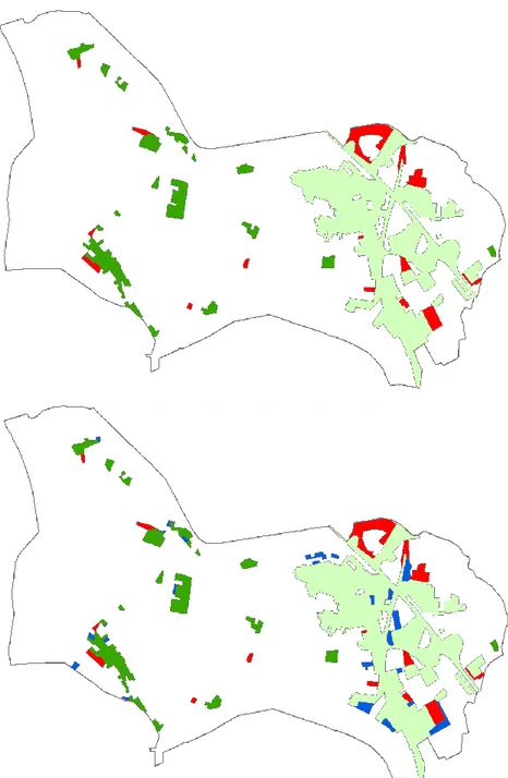Figura  20:  Comune  di  Guardamiglio.  Nella figura  in  alto  è  raffigurato  il  DUSAF  2.1  (in  cui  i  poligoni  rossi  costituiscono le nuove aree insediate tra il 1999 e il 2007) con il nucleo  compatto dissolto del 1999 (in verde  chiaro)