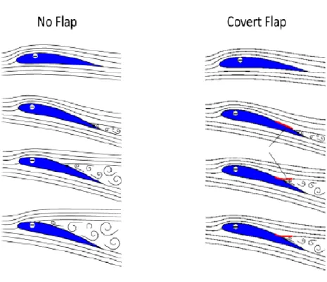 Figura c Rappresentazione dell'andamento del flusso a diversi angoli di incidenza e confronto tra la  configurazione con e senza flap [8]