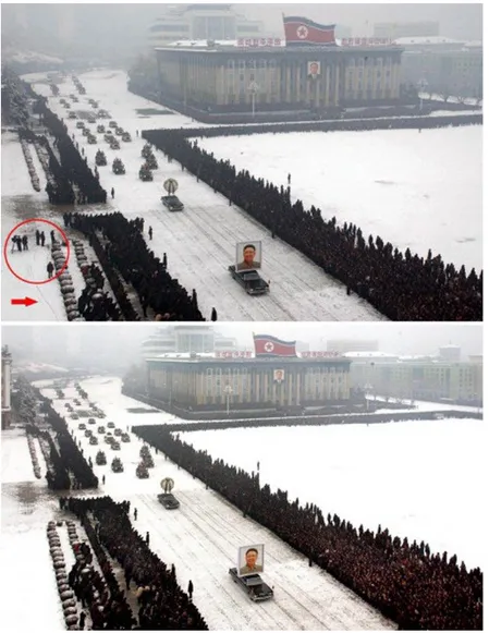Figure 1.1: Original and forged images of South Korea former leader Kim Jong-il’s funeral.