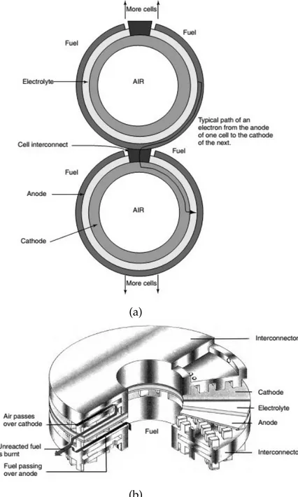 Figure 1.13: (a) End view of tubular type SOFC by Siemens Westinghouse. (b) Ring-type SOFC with metal cell interconnects by Sulzer Hexis Ltd.