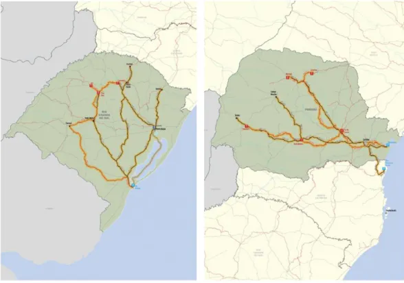 Figure 10. Routes for the soybean flow in Rio Grande do Sul (to the left) and in Paraná (to the right) 