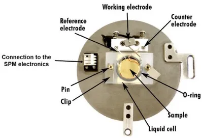 Figure 17. Photo of the EC cell used for EC-AFM, placed on the sample-plate.