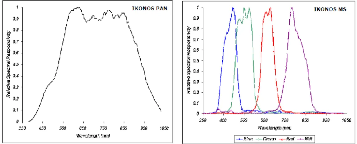 Figura 25: Bande di acquisizione del sensore pancromatico e di quelli multispettrali di IKONOS.