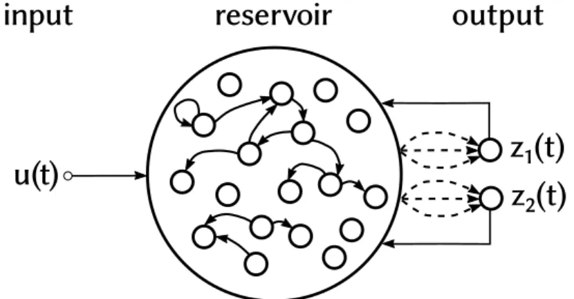 Figura 3.1: Una rete neurale caotica con 1 input e 2 output. Nel reservoir compu- compu-ting è si addestrano solo le connessioni tra il reservoir e il readout (trateggiate nella igura)