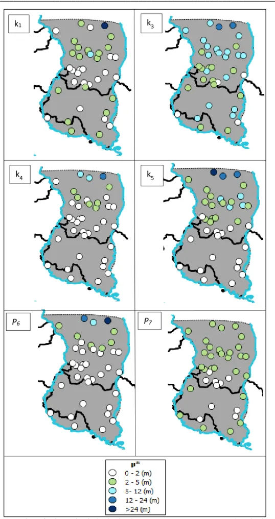 Figure  4.2  -  Value  of  μ*  in  the  hydraulic  head  measurements  points  associated  with  the  variation                                                        of four parameters and two boundary conditions